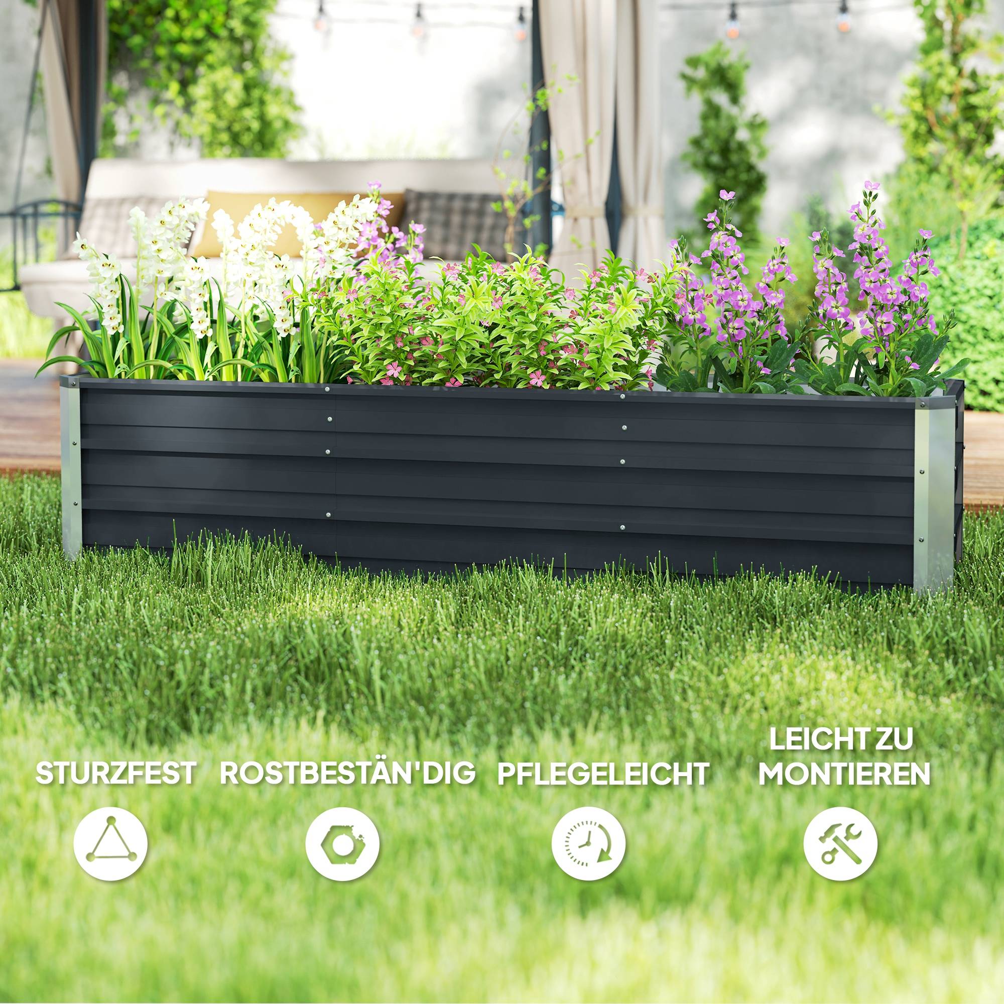 Carré potager acier jardin extérieur culture légumes fleurs 183x47x40cm gris foncé - ComfortXL Outdoor Living - Image 6
