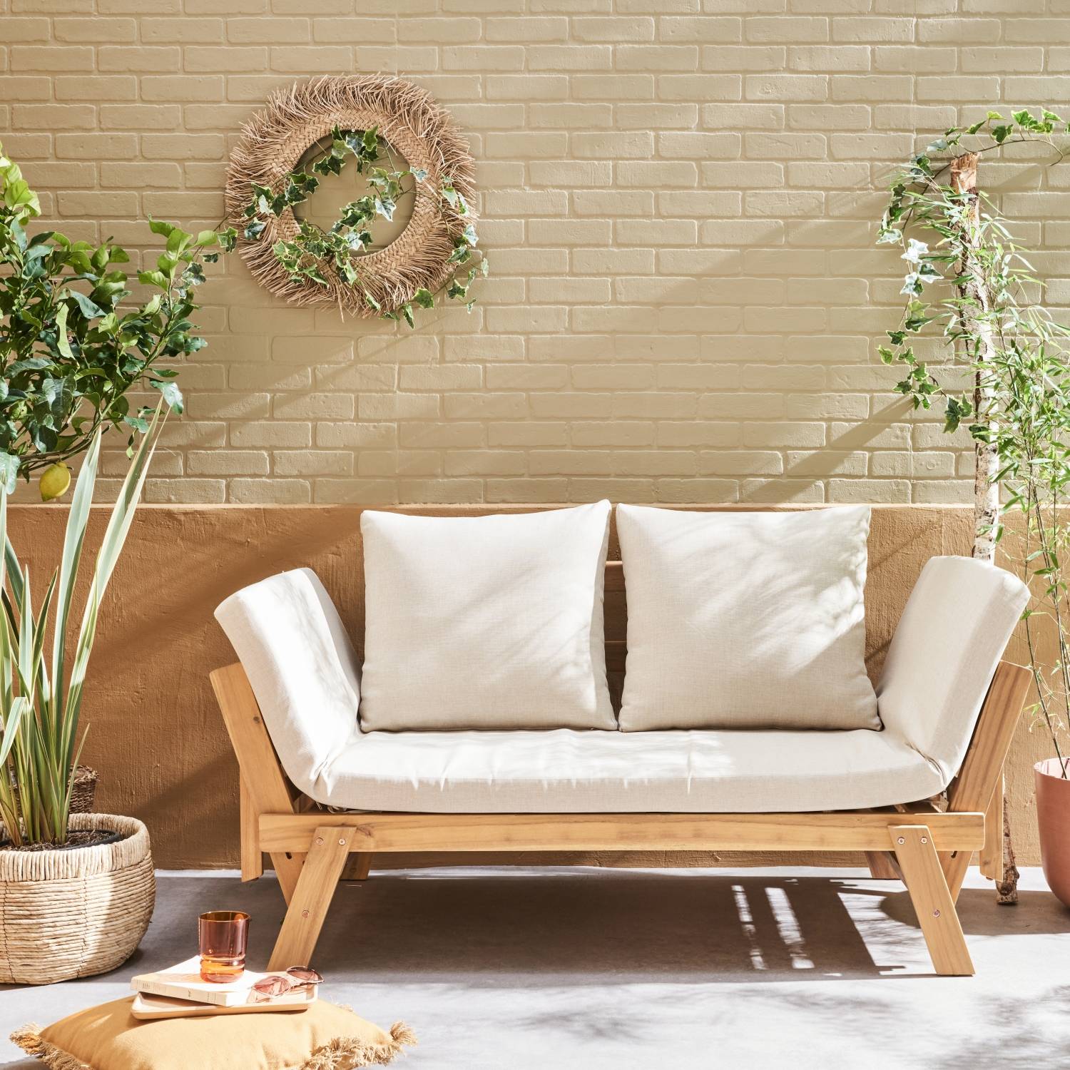 Banquette de jardin beige 2/3 places JALANCE. accoudoirs modulables 155/200x72x74.5cm | sweeek - Image 1