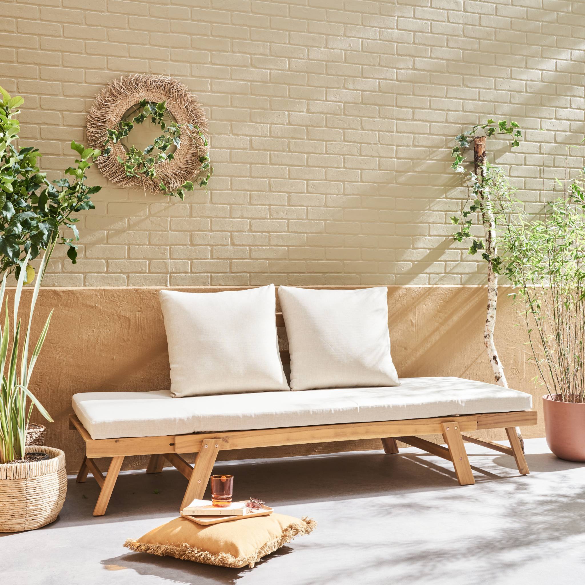 Banquette de jardin beige 2/3 places JALANCE. accoudoirs modulables 155/200x72x74.5cm | sweeek - Image 3