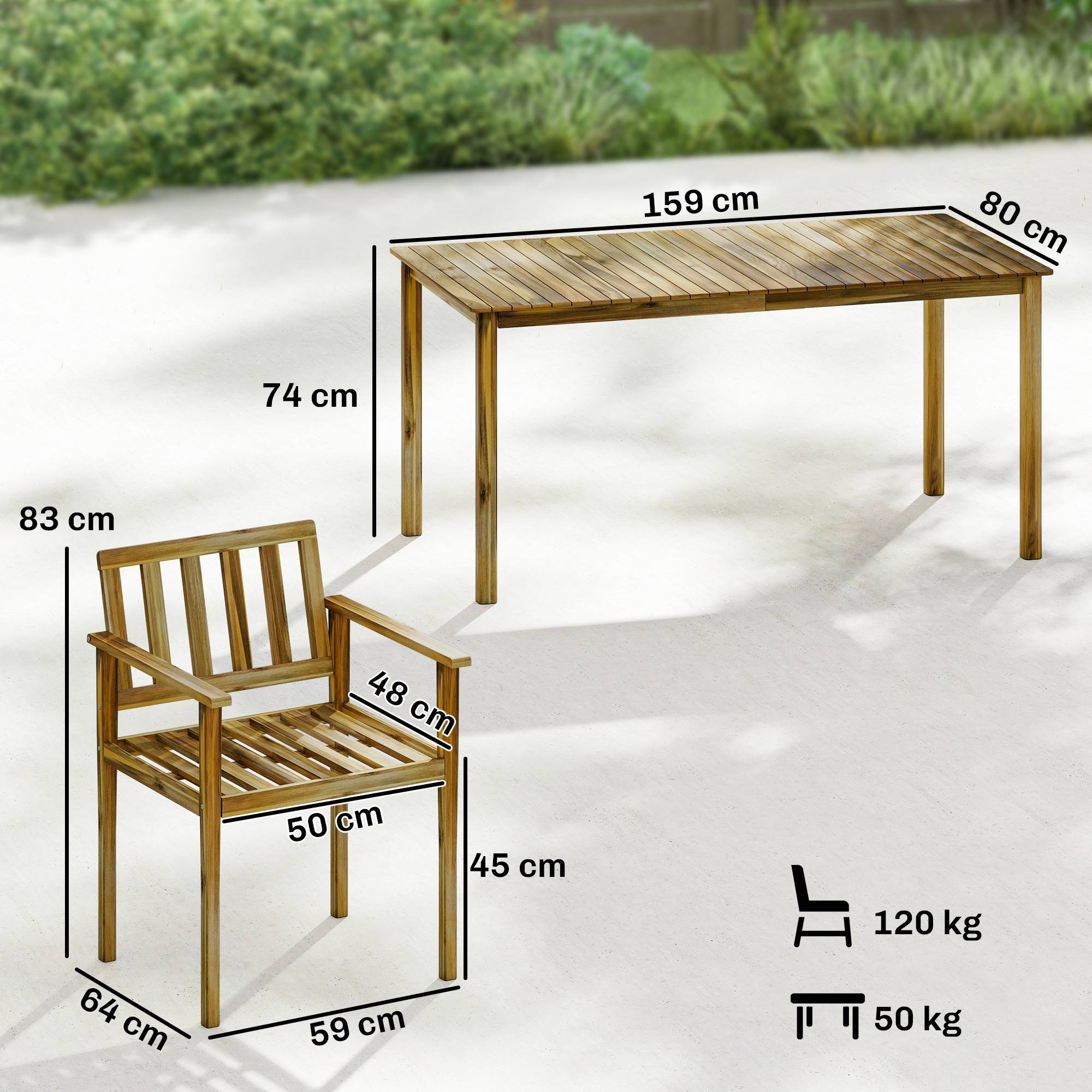 Ensemble repas jardin 5 pièces bois d'acacia massif table 4 fauteuils finition teck 159cm - ComfortXL Outdoor Living - Image 5