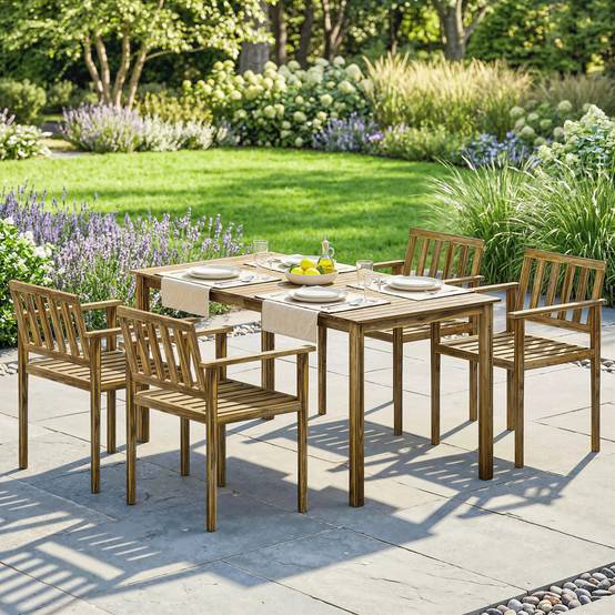 Ensemble repas jardin 5 pièces bois d'acacia massif table 4 fauteuils finition teck 159cm - ComfortXL Outdoor Living - Image 4