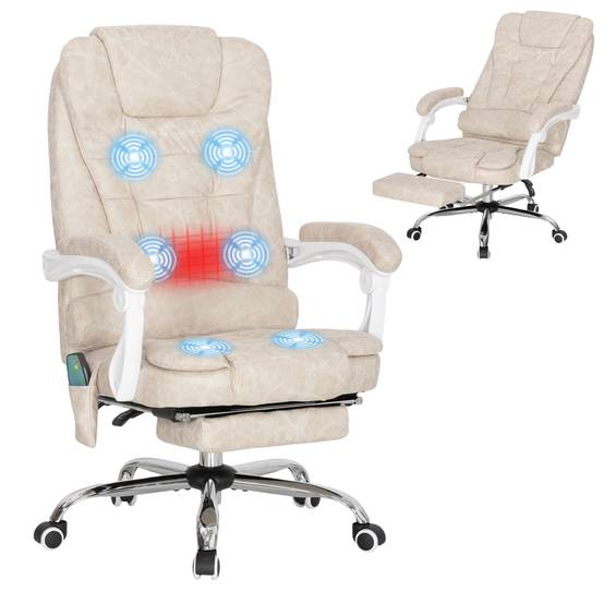 Sans Marque - Fauteuil de bureau massant et chauffant, chaise de bureau, hauteur réglable, dossier inclinable, 65x70x111-119cm, crème - Image 1