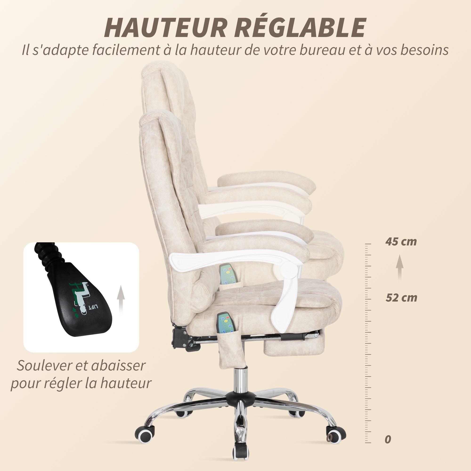 Sans Marque - Fauteuil de bureau massant et chauffant, chaise de bureau, hauteur réglable, dossier inclinable, 65x70x111-119cm, crème - Image 8