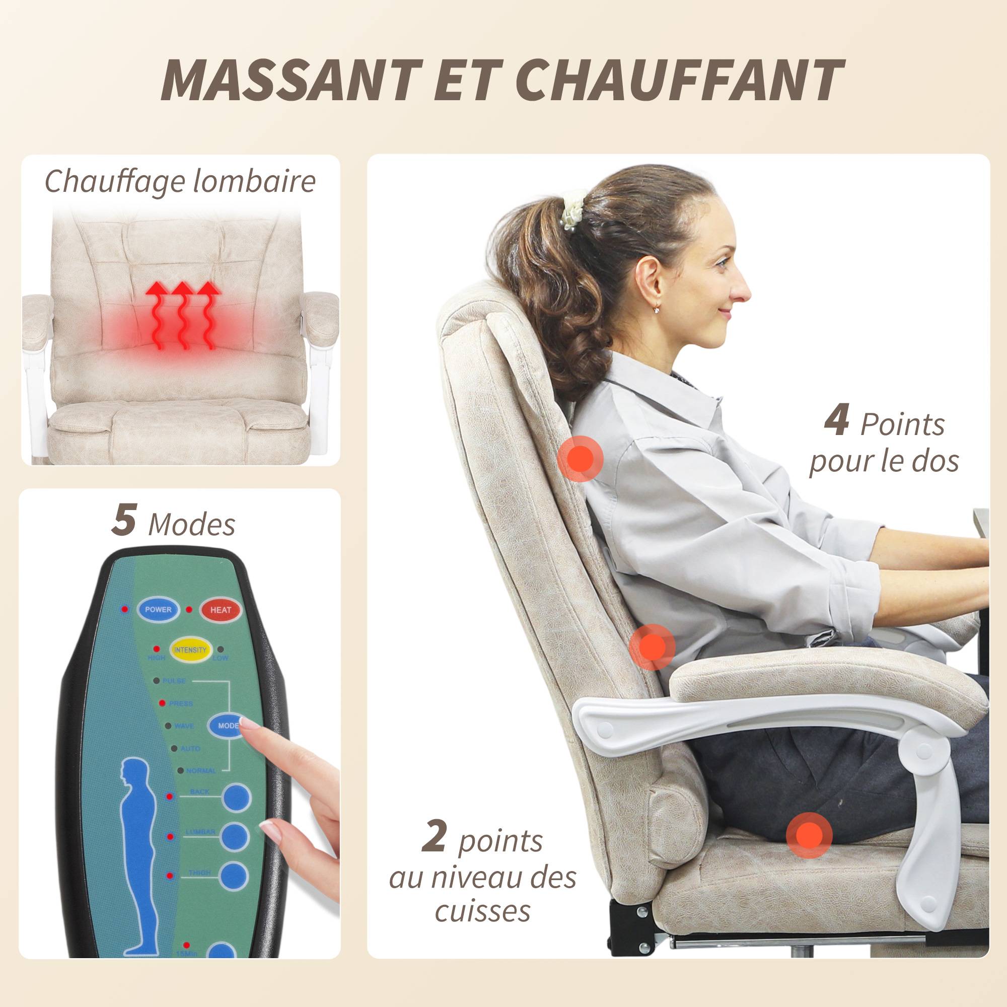 Sans Marque - Fauteuil de bureau massant et chauffant, chaise de bureau, hauteur réglable, dossier inclinable, 65x70x111-119cm, crème - Image 6