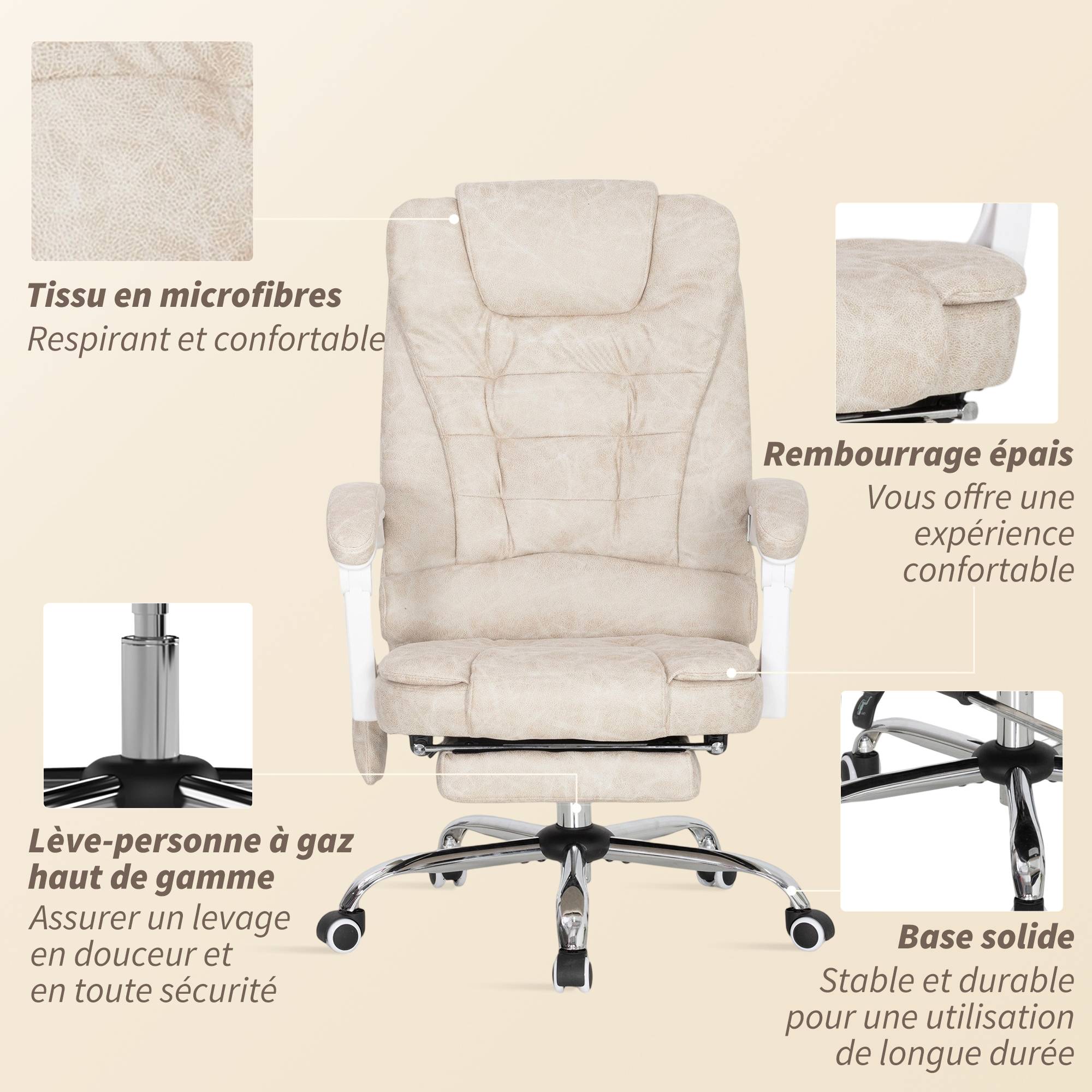 Sans Marque - Fauteuil de bureau massant et chauffant, chaise de bureau, hauteur réglable, dossier inclinable, 65x70x111-119cm, crème - Image 10