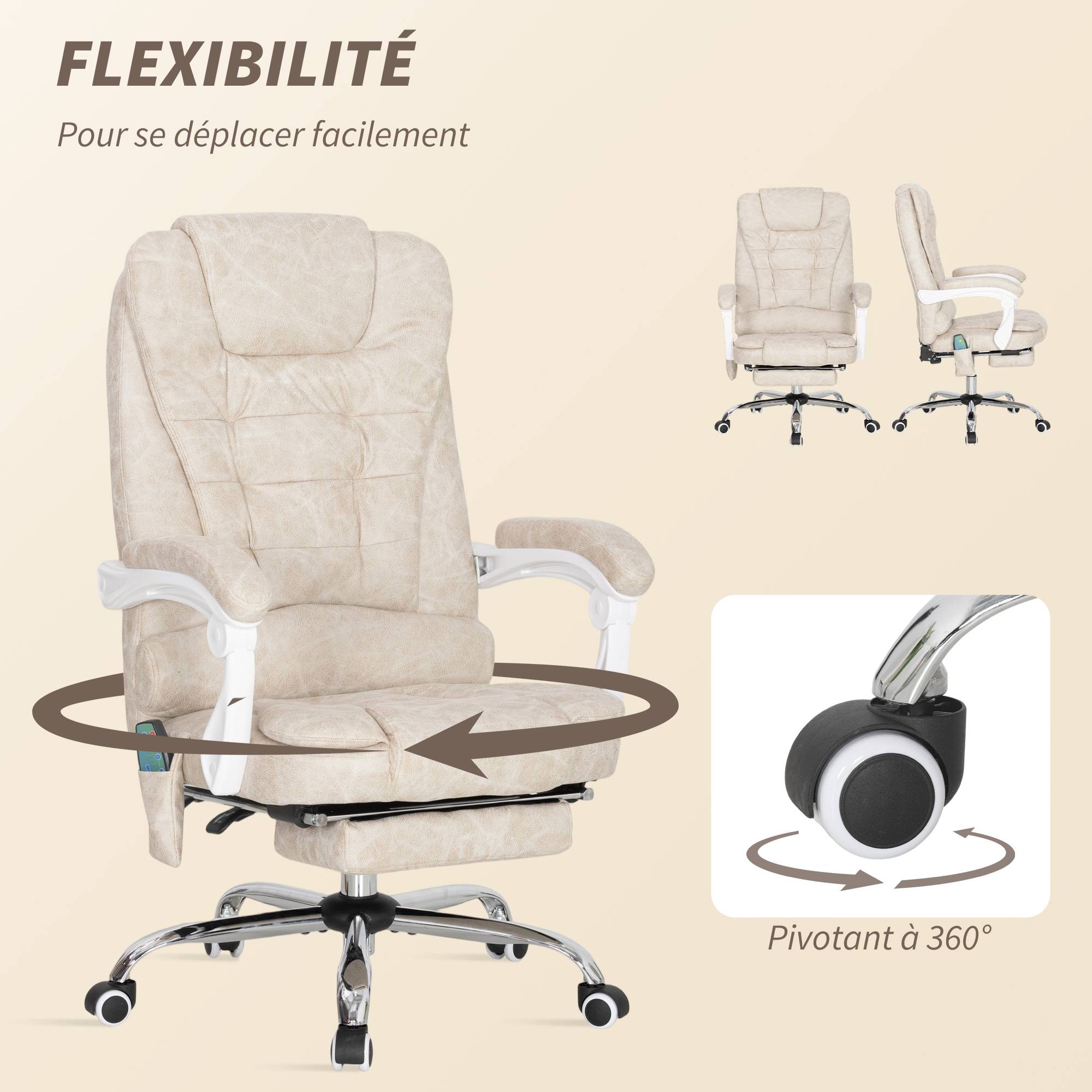 Sans Marque - Fauteuil de bureau massant et chauffant, chaise de bureau, hauteur réglable, dossier inclinable, 65x70x111-119cm, crème - Image 9