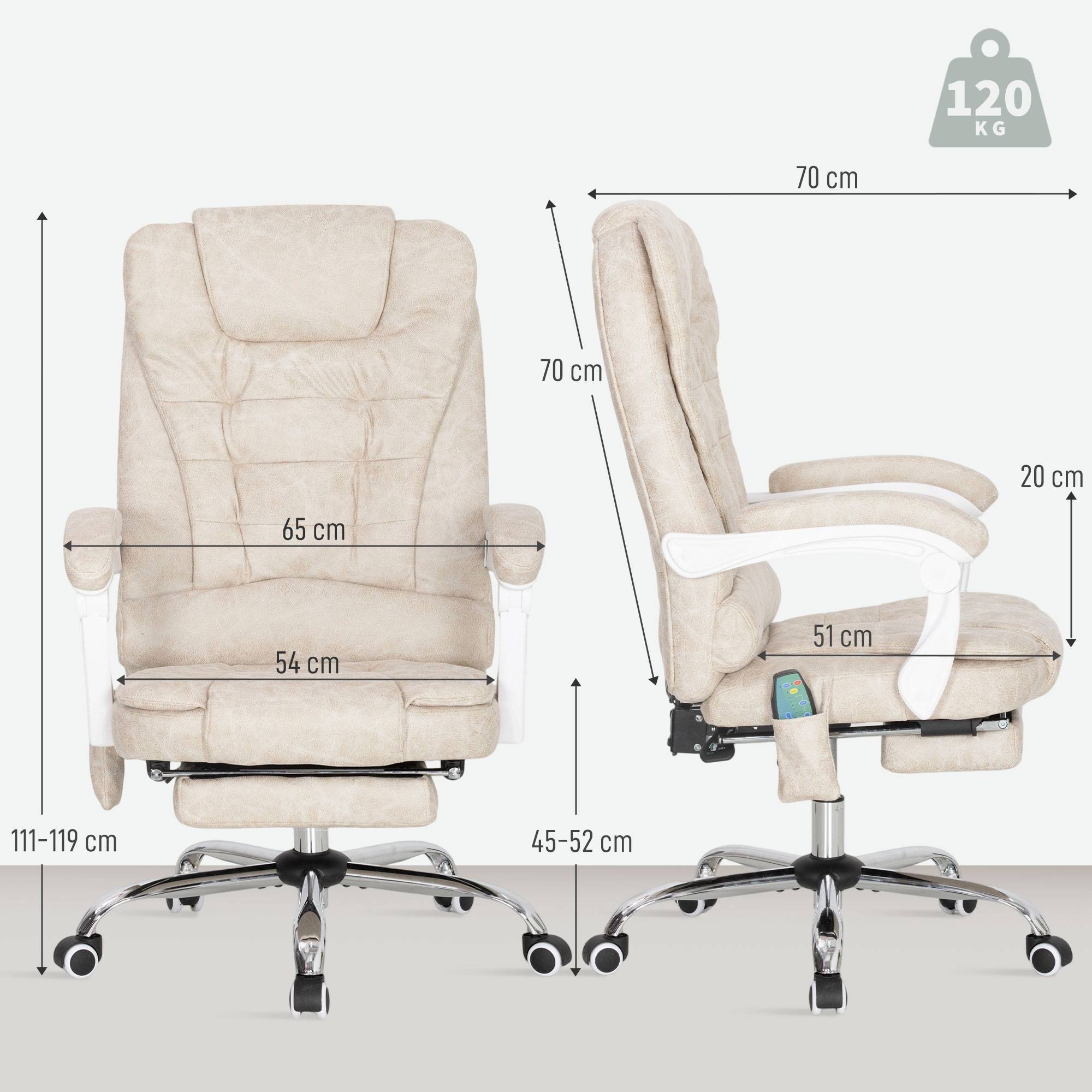 Sans Marque - Fauteuil de bureau massant et chauffant, chaise de bureau, hauteur réglable, dossier inclinable, 65x70x111-119cm, crème - Image 5