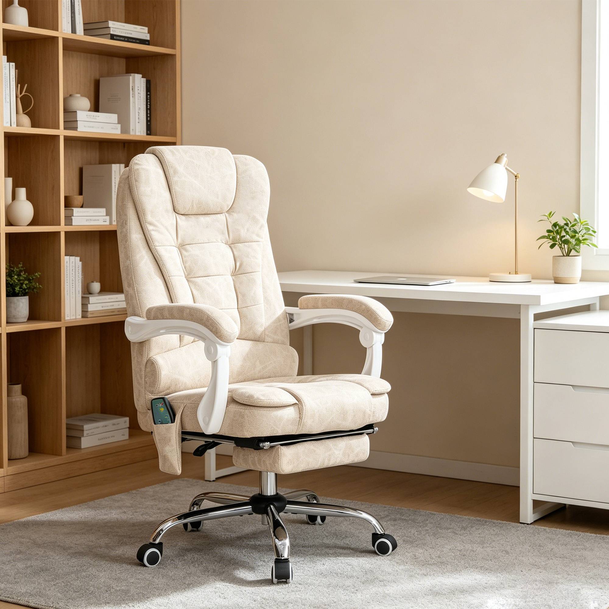 Sans Marque - Fauteuil de bureau massant et chauffant, chaise de bureau, hauteur réglable, dossier inclinable, 65x70x111-119cm, crème - Image 3