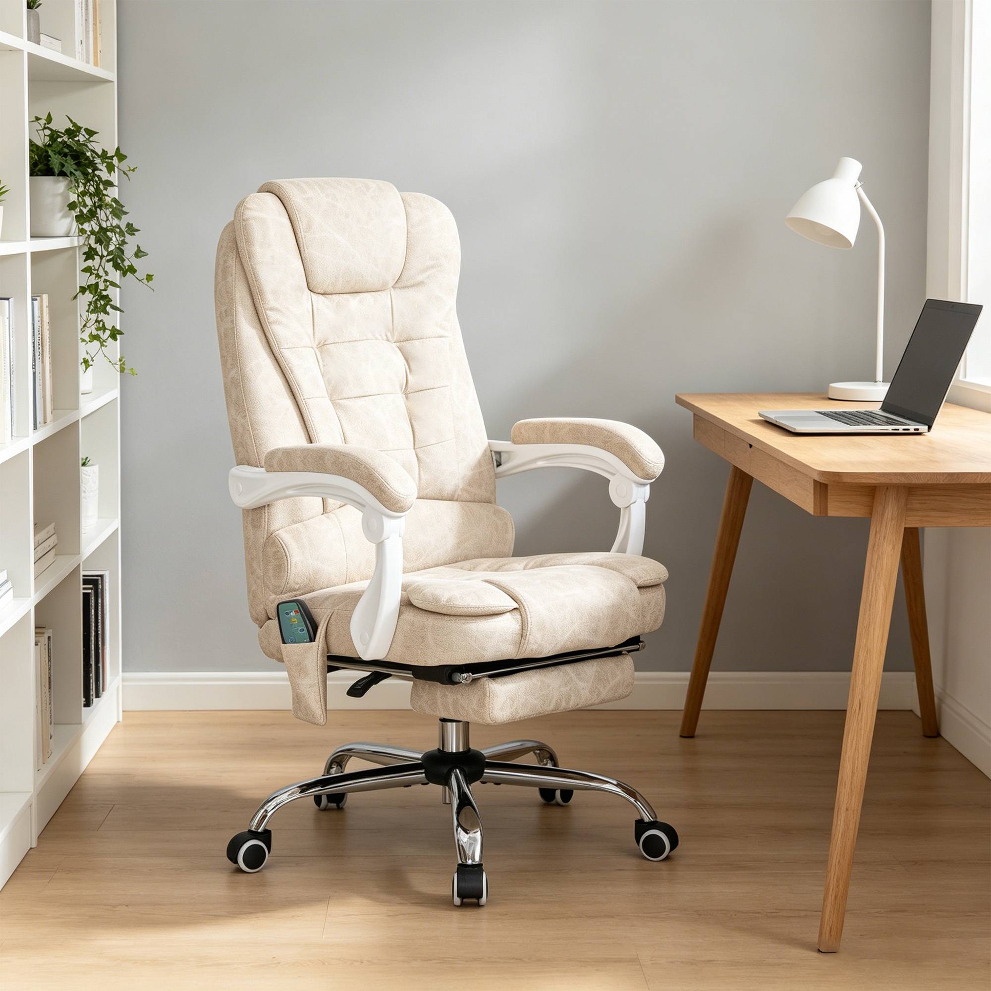Sans Marque - Fauteuil de bureau massant et chauffant, chaise de bureau, hauteur réglable, dossier inclinable, 65x70x111-119cm, crème - Image 4