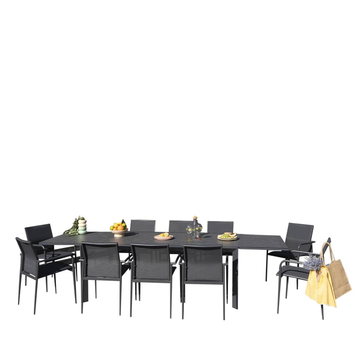 Ensemble 8/12p en aluminium et plateau en verre Gris avec 10 fauteuils MODULO - Image 1