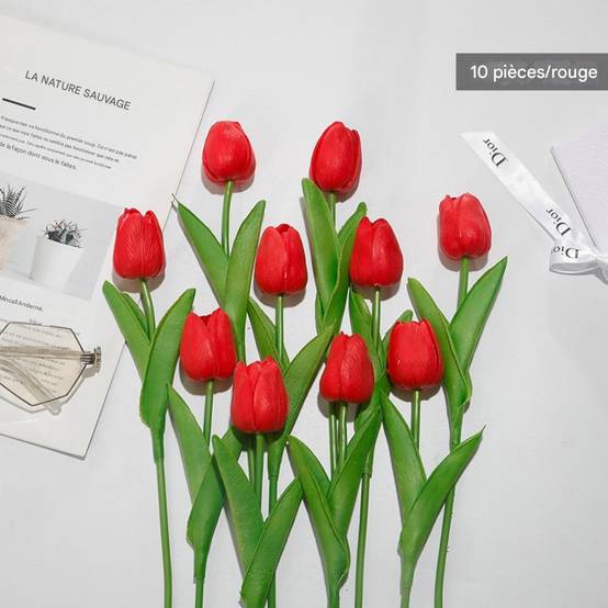 Bouquet de 10 Tulipes Artificielles Rouge - Matière PU Souple et Réaliste - Décoration Élégante - Lytech - Image 1