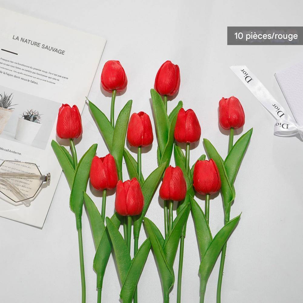 Bouquet de 10 Tulipes Artificielles Rouge - Matière PU Souple et Réaliste - Décoration Élégante - Lytech - Image 1