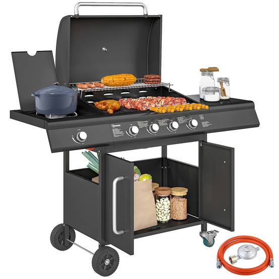 Barbecue à gaz avec brûleur latéral, table et meuble de rangement, en acier et polypropylène, 129,5 x 56 x 110 cm, noir - Image 1
