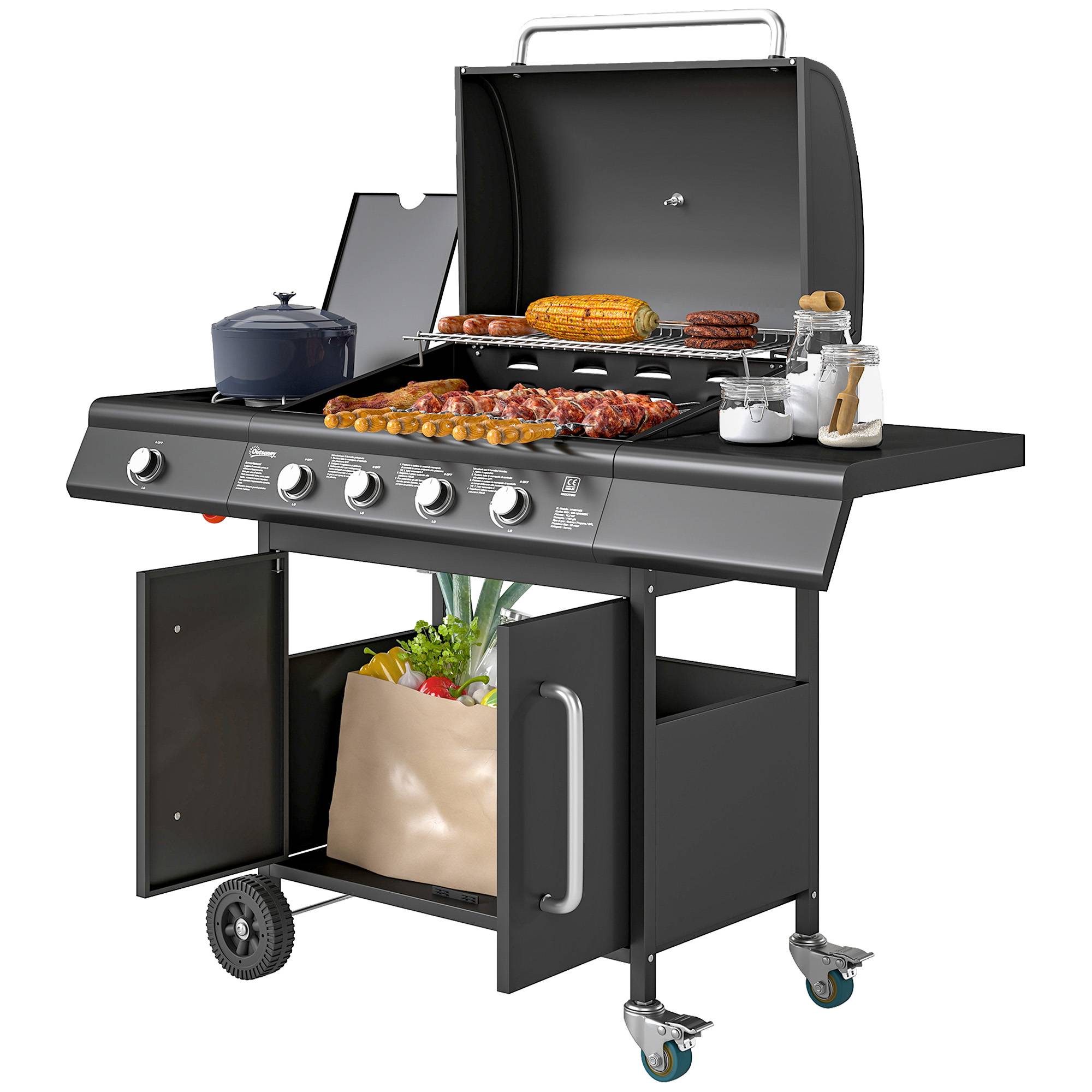 Barbecue à gaz avec brûleur latéral, table et meuble de rangement, en acier et polypropylène, 129,5 x 56 x 110 cm, noir - Image 2