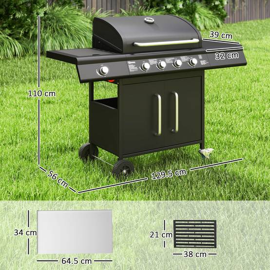 Barbecue à gaz avec brûleur latéral, table et meuble de rangement, en acier et polypropylène, 129,5 x 56 x 110 cm, noir - Image 5