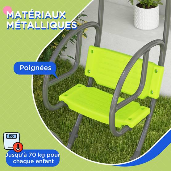 Balançoire enfant structure métallique avec poignée pour 2 enfants 3-6 ans, 110,5×40,5×180 cm, verte, conception sécurisée - Image 5