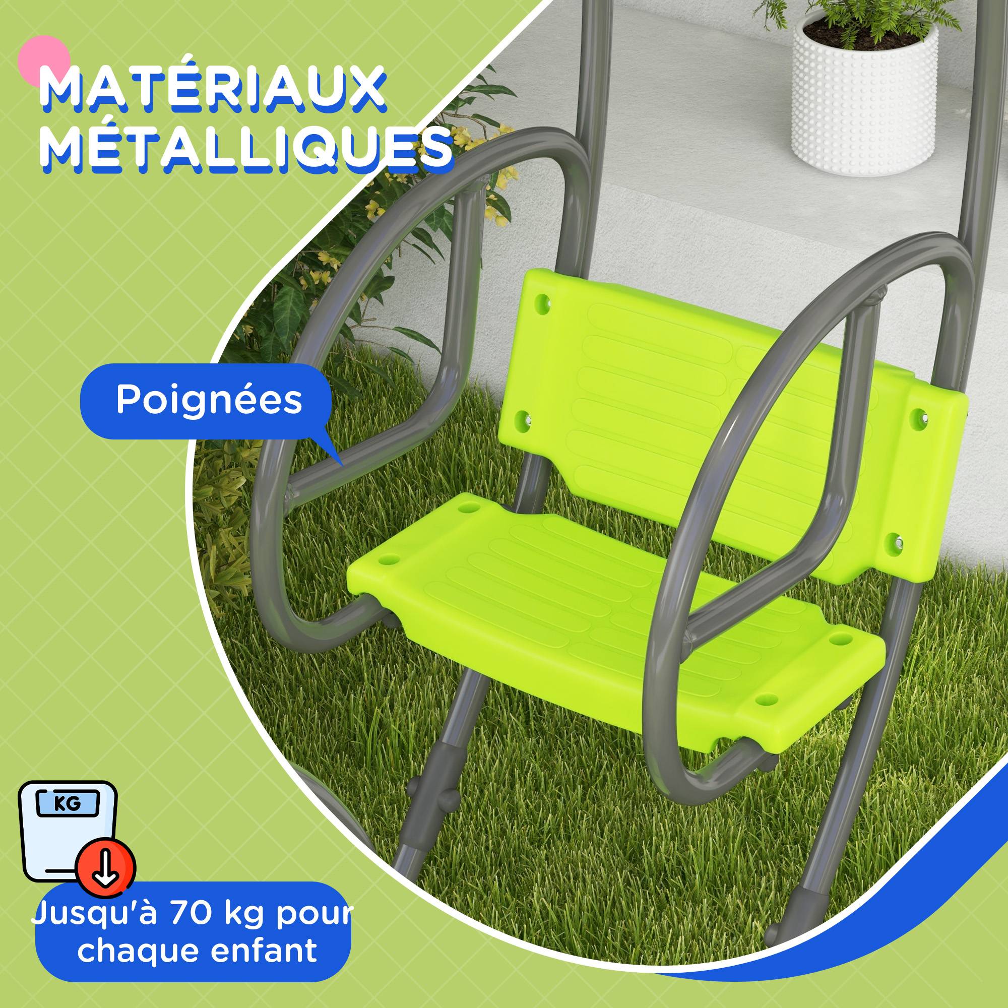 Balançoire enfant structure métallique avec poignée pour 2 enfants 3-6 ans, 110,5×40,5×180 cm, verte, conception sécurisée - Image 5