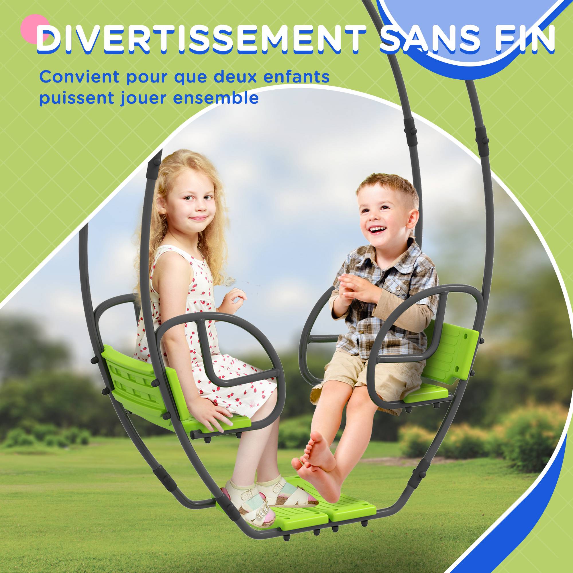 Balançoire enfant structure métallique avec poignée pour 2 enfants 3-6 ans, 110,5×40,5×180 cm, verte, conception sécurisée - Image 4