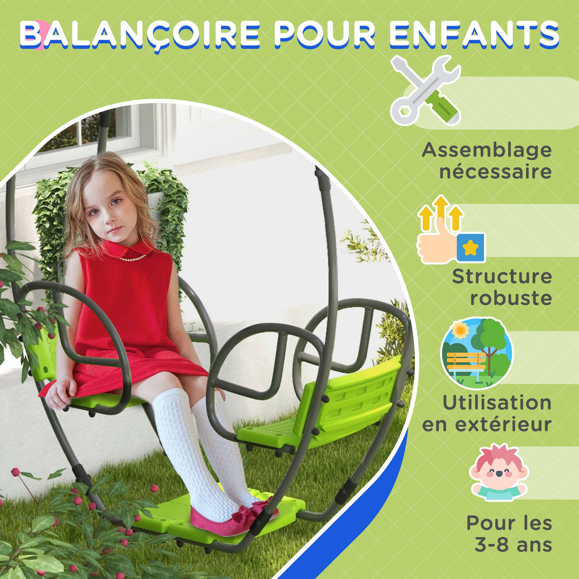Balançoire enfant structure métallique avec poignée pour 2 enfants 3-6 ans, 110,5×40,5×180 cm, verte, conception sécurisée - Image 8