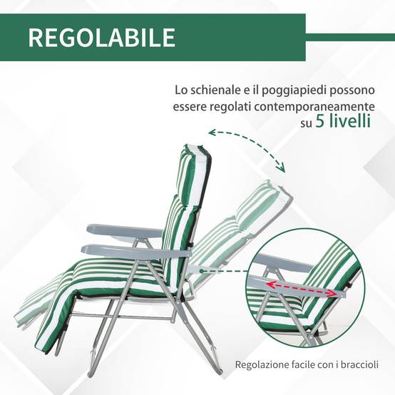Chaises longues de plage pliantes et inclinables en 2 parties, avec coussin rembourré, vertes et blanches - Image 9