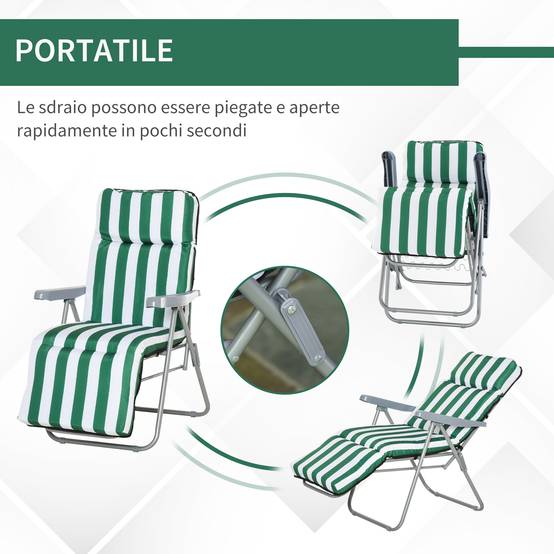 Chaises longues de plage pliantes et inclinables en 2 parties, avec coussin rembourré, vertes et blanches - Image 7