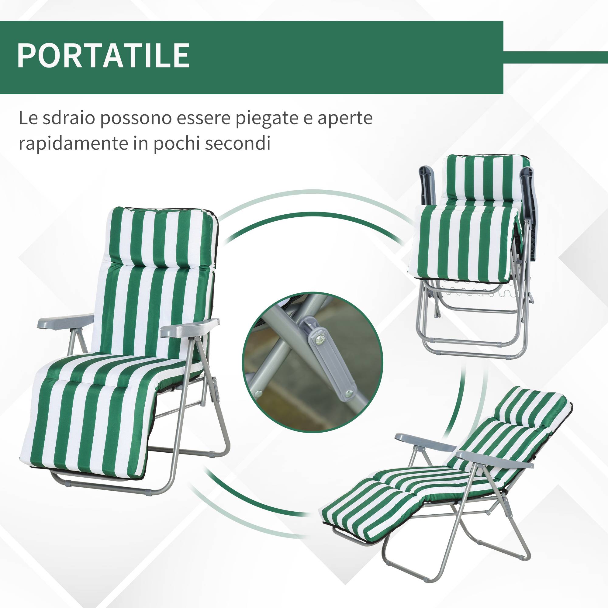 Chaises longues de plage pliantes et inclinables en 2 parties, avec coussin rembourré, vertes et blanches - Image 7