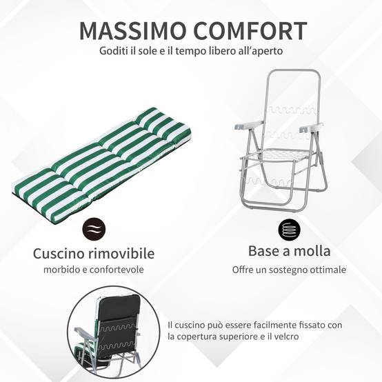 Chaises longues de plage pliantes et inclinables en 2 parties, avec coussin rembourré, vertes et blanches - Image 8