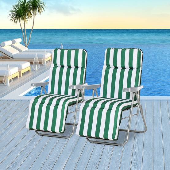 Chaises longues de plage pliantes et inclinables en 2 parties, avec coussin rembourré, vertes et blanches - Image 3