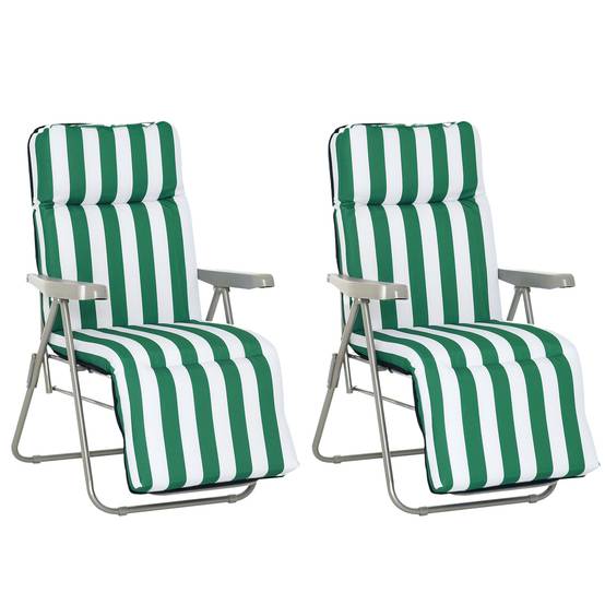 Chaises longues de plage pliantes et inclinables en 2 parties, avec coussin rembourré, vertes et blanches - Image 1
