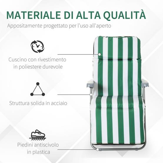 Chaises longues de plage pliantes et inclinables en 2 parties, avec coussin rembourré, vertes et blanches - Image 6
