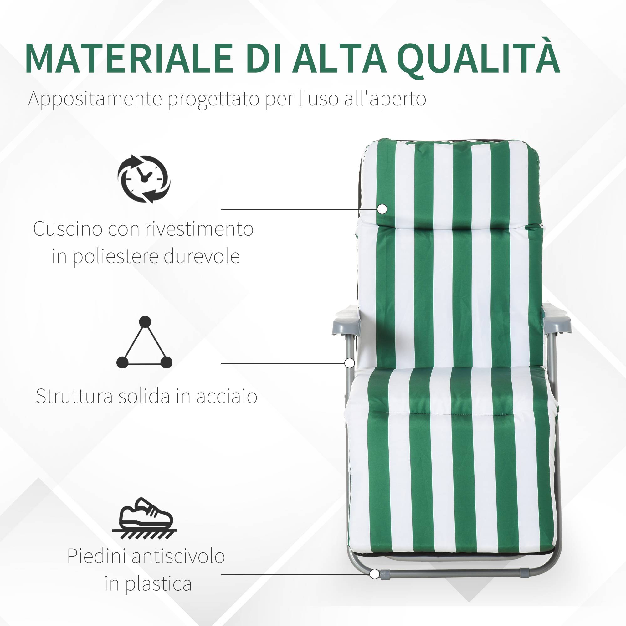 Chaises longues de plage pliantes et inclinables en 2 parties, avec coussin rembourré, vertes et blanches - Image 6