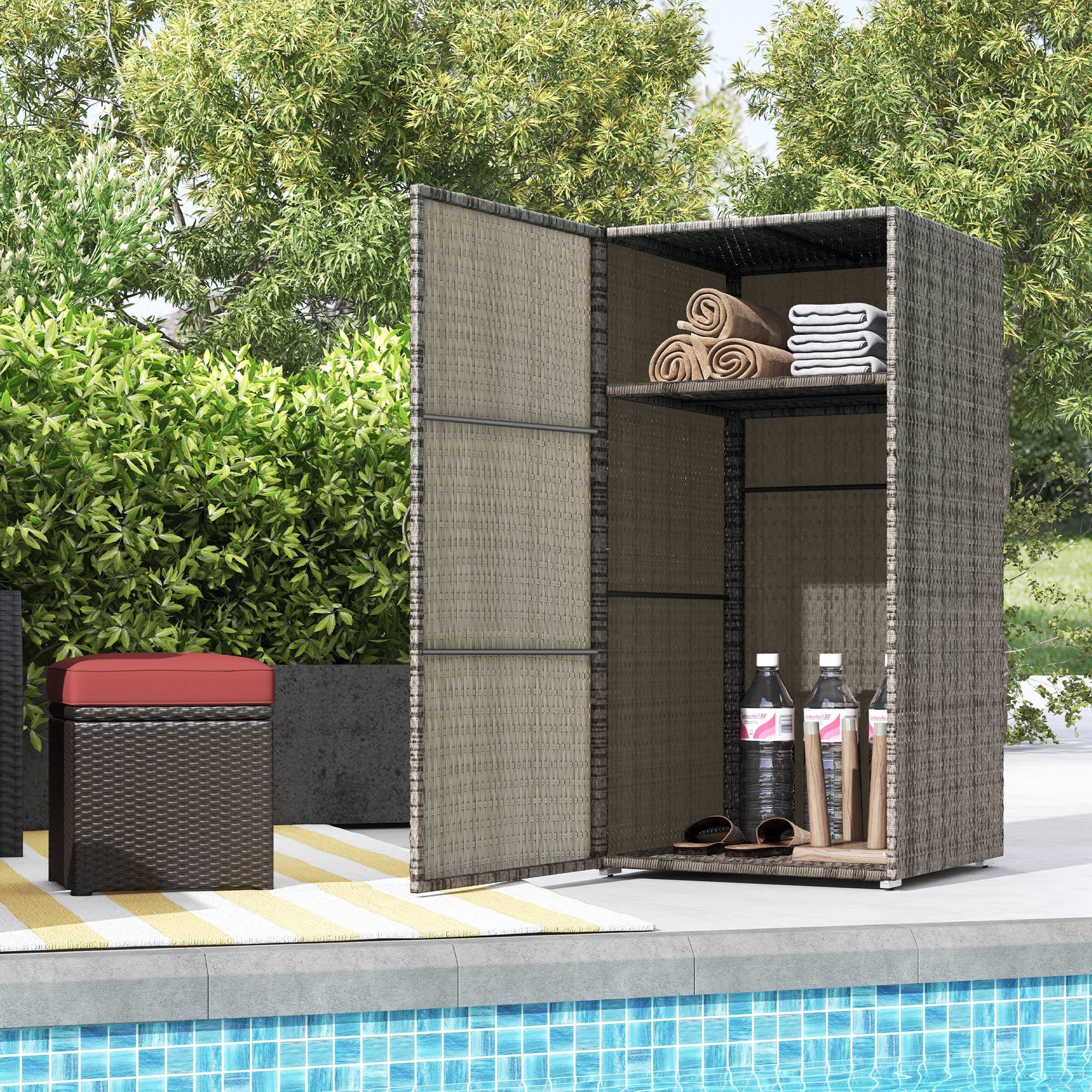 Armoire de rangement jardin 2 niveaux acier résine tressée 120cm gris - ComfortXL Outdoor Living - Image 3