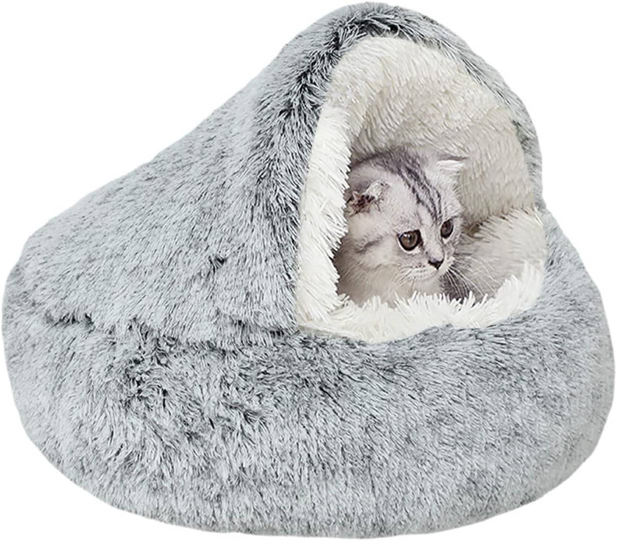 Lit apaisant en peluche moelleuse, calme l’anxiété, pour chats et chiens 50 cm gris