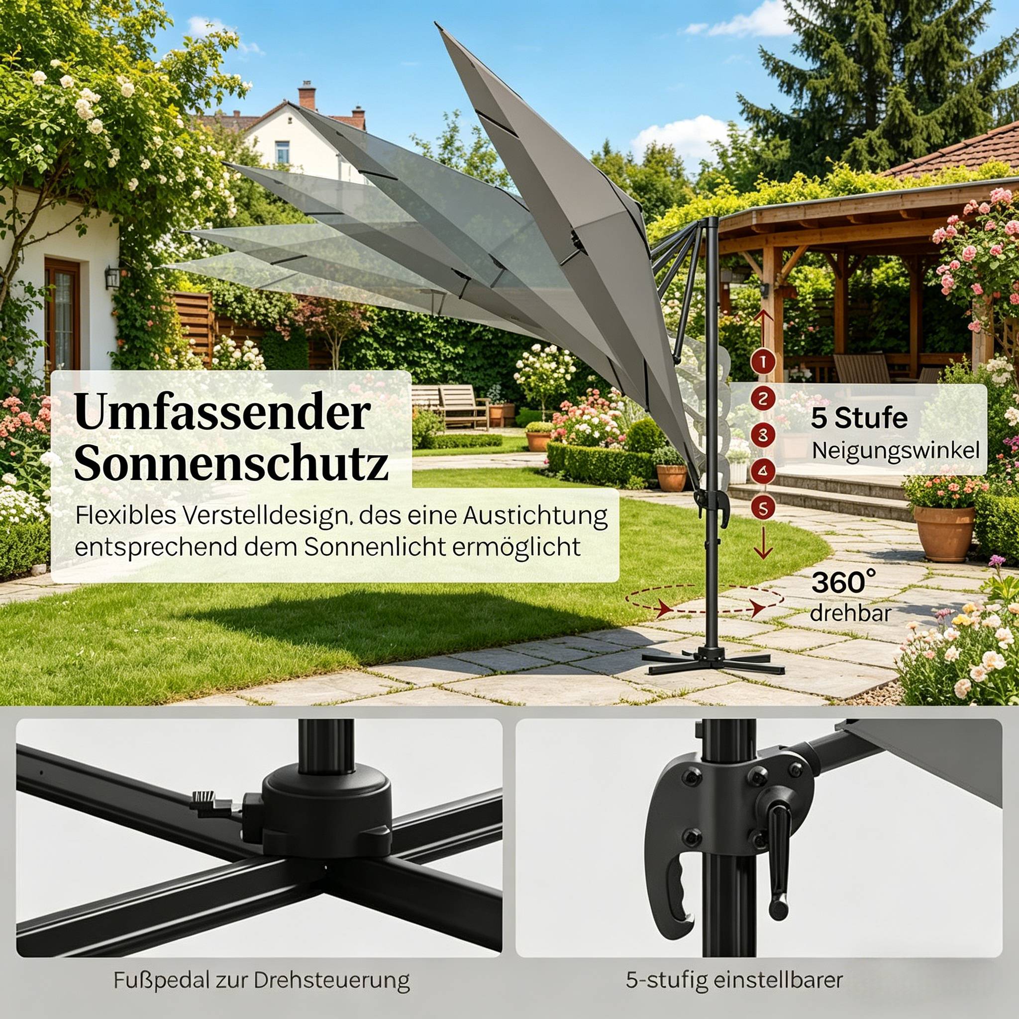 Parasol extérieur, parasol rond pour balcon, parasol de jardin avec base en acier cruciforme (parasol uniquement) - Image 3