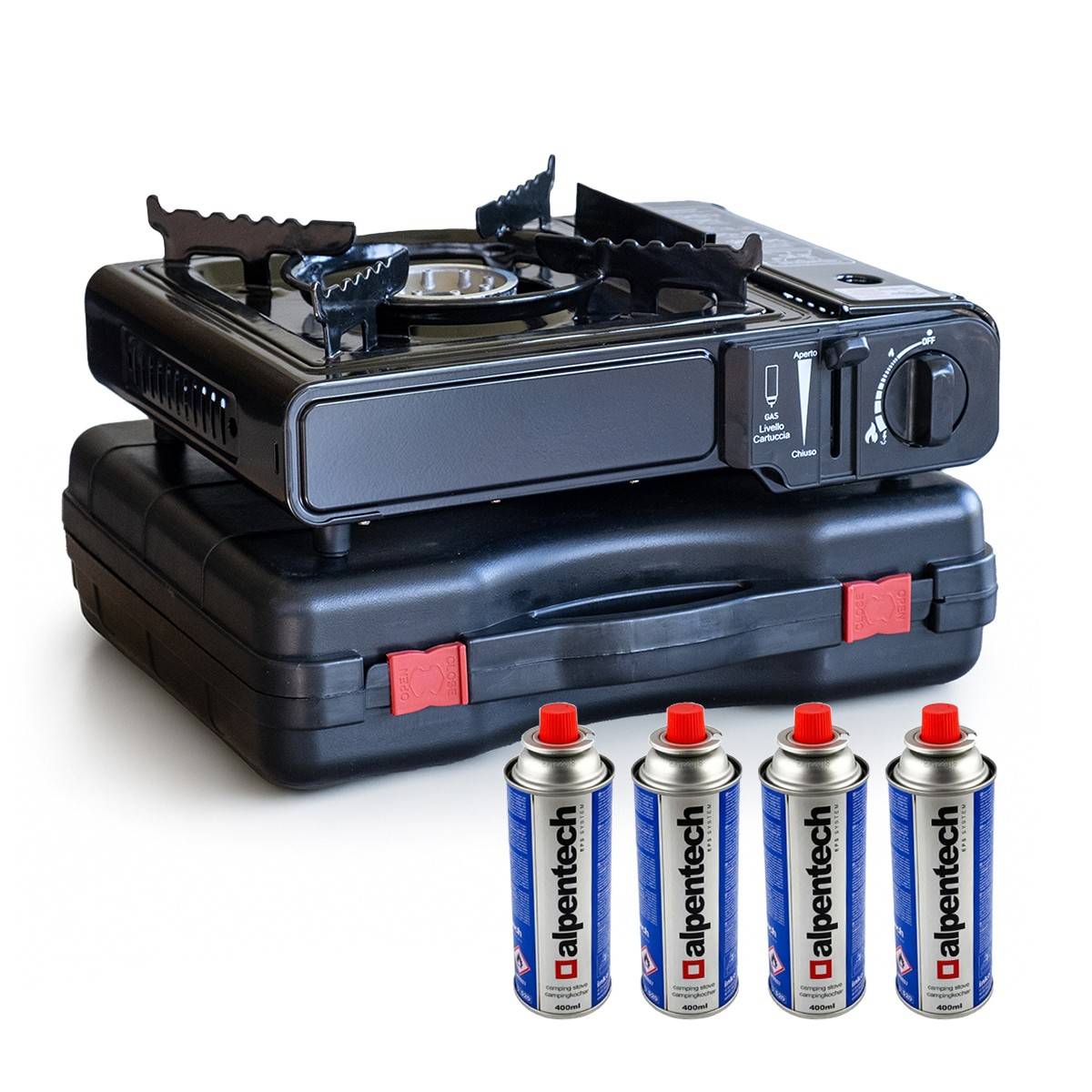 Réchaud à gaz portable + 4 cartouches de gaz Camping + Mallette incluse - Image 1