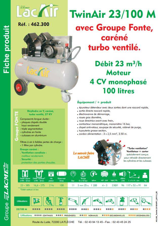 Compresseur mobile TwinAir 23/100M LACME 23 m³/h mono 100L 11 bar - 462300 - Image 2