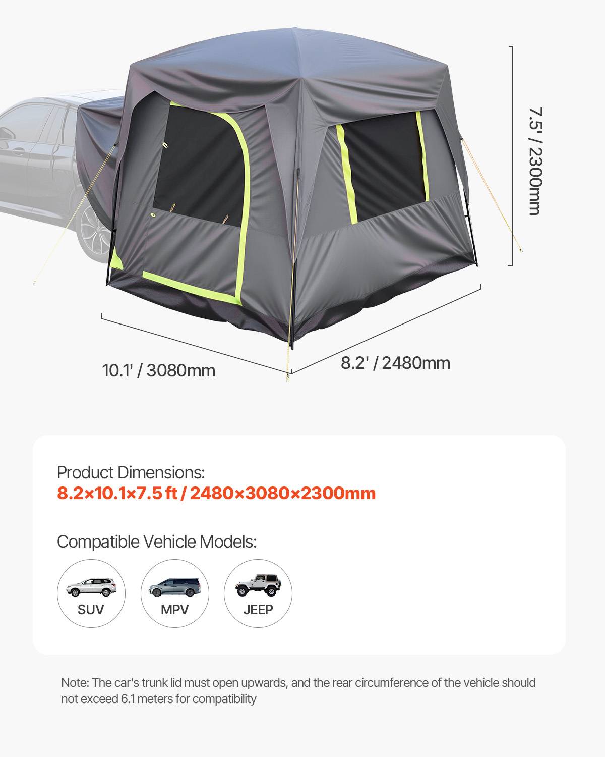 VEVOR Tente hayon SUV 2480x3080 mm, imperméable, double couche, 5-8 pers. Sac rangement. - Image 7