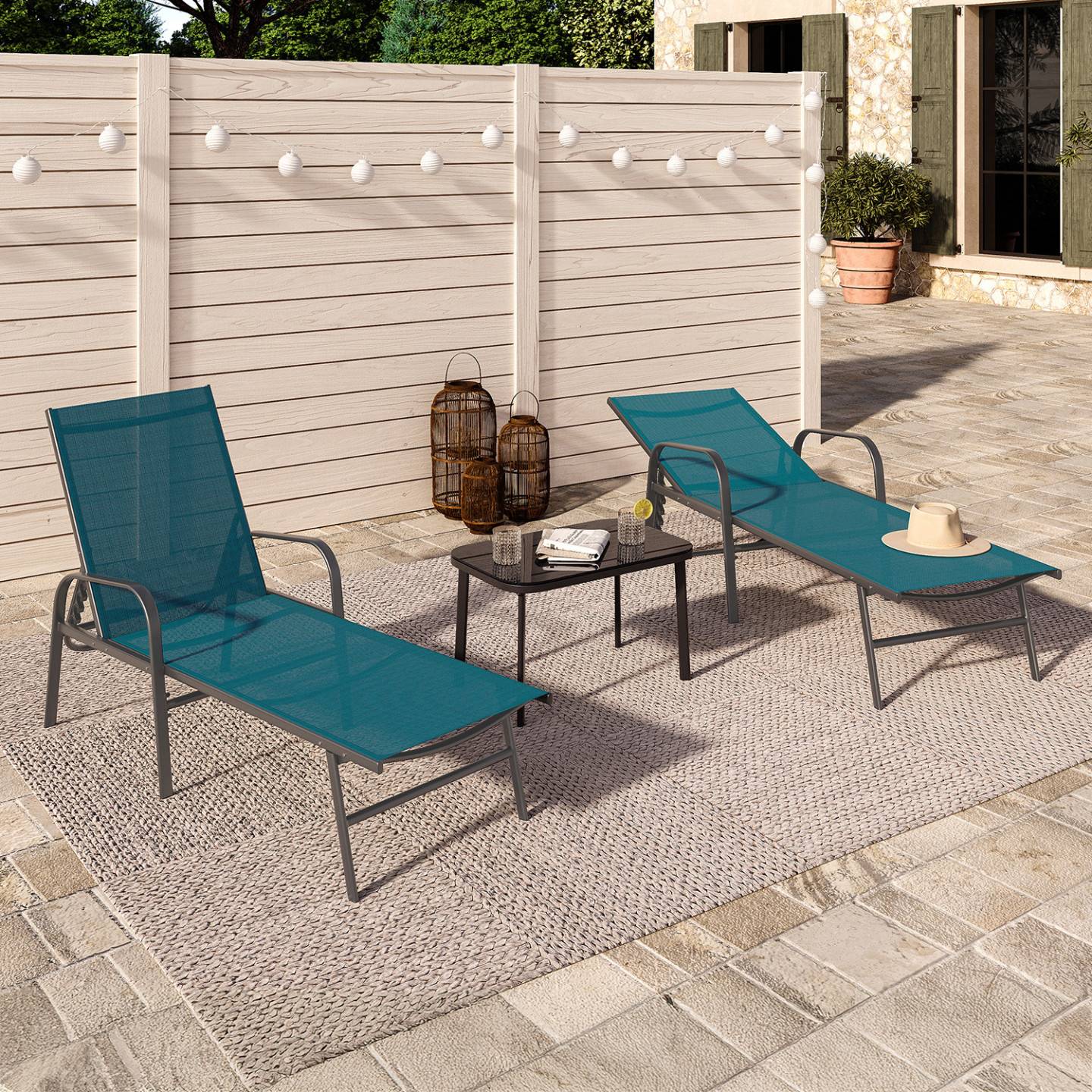 Lot de 2 transats de jardin inclinables FIDJI en acier gris anthracite et toile bleu canard - Image 1
