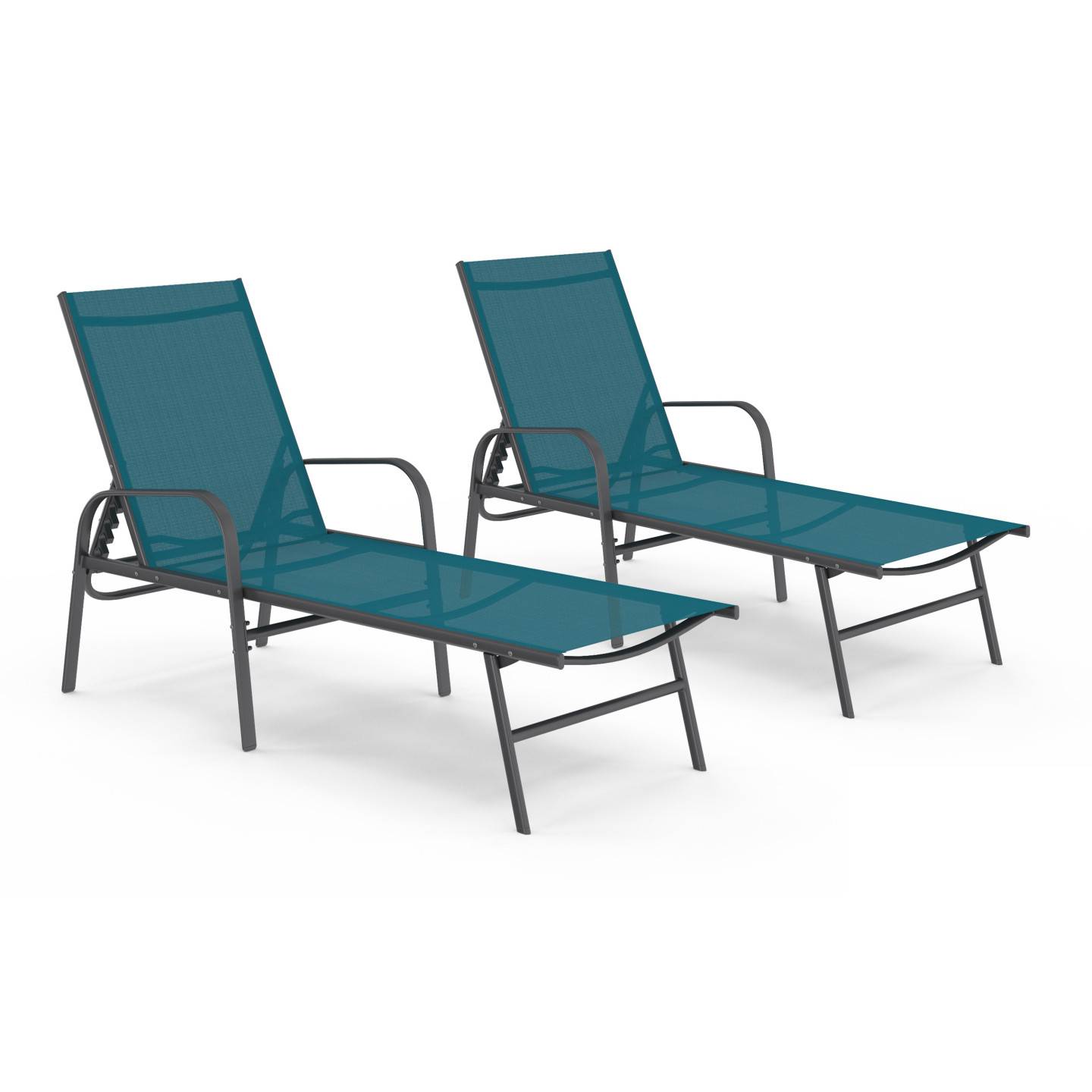 Lot de 2 transats de jardin inclinables FIDJI en acier gris anthracite et toile bleu canard - Image 2