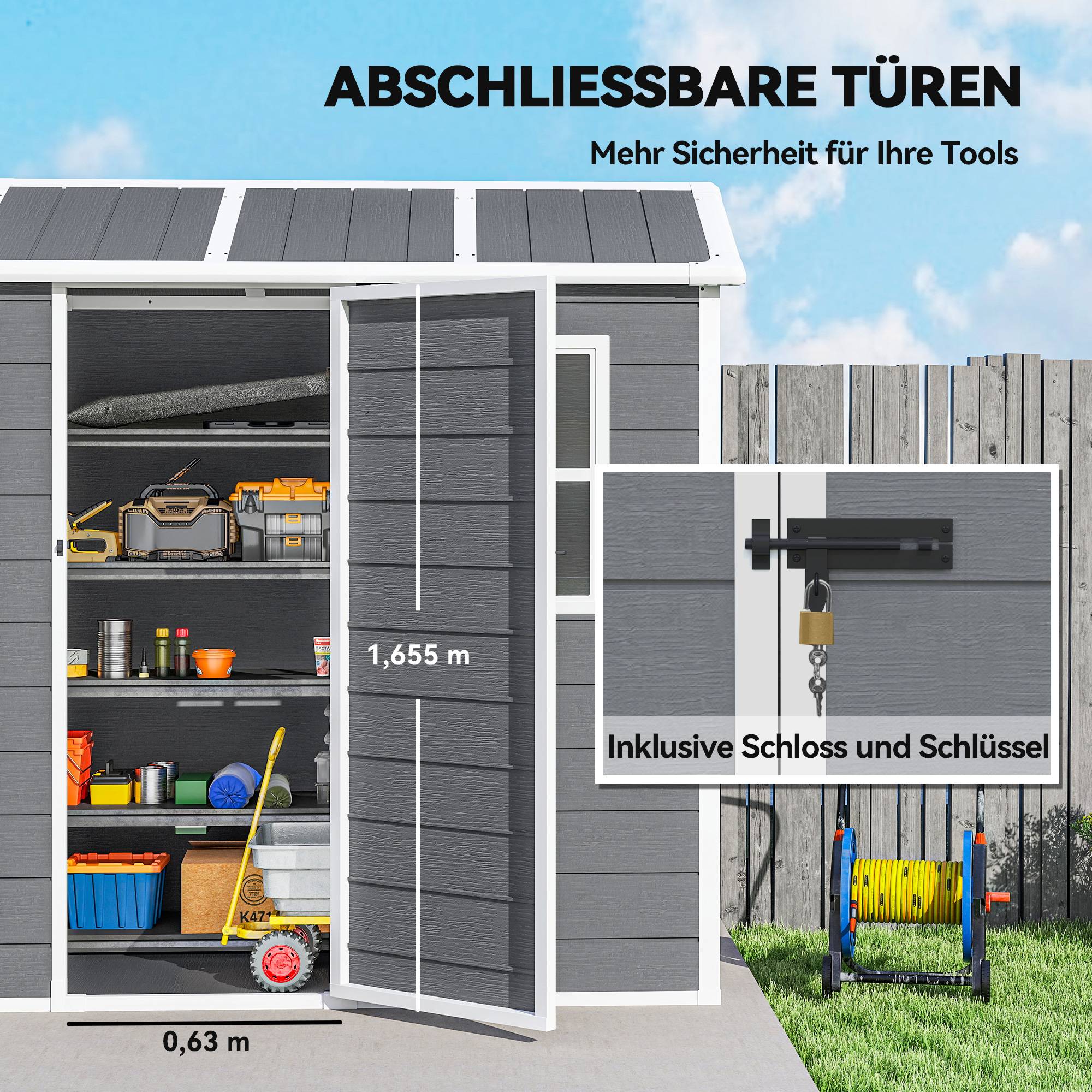 Abri de jardin avec plancher, fenêtre, porte verrouillable, en résine plastique, résistant aux intempéries, gris - Image 10