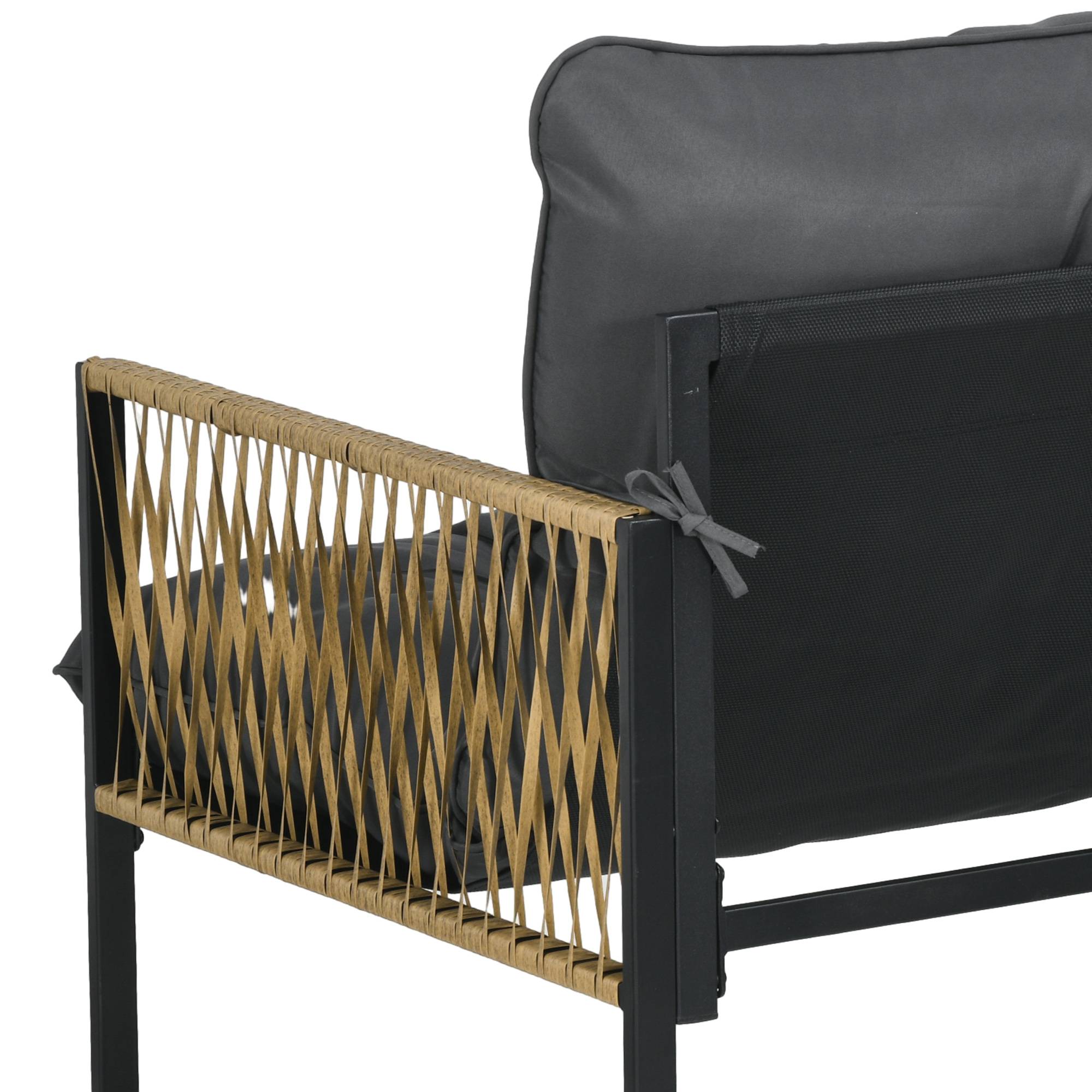 Sans Marque - Ensemble salon de jardin 4 pièces canapé 2 places 2 fauteuils et 1 table basse plateau verre trempé 3 coussins - gris - Image 9