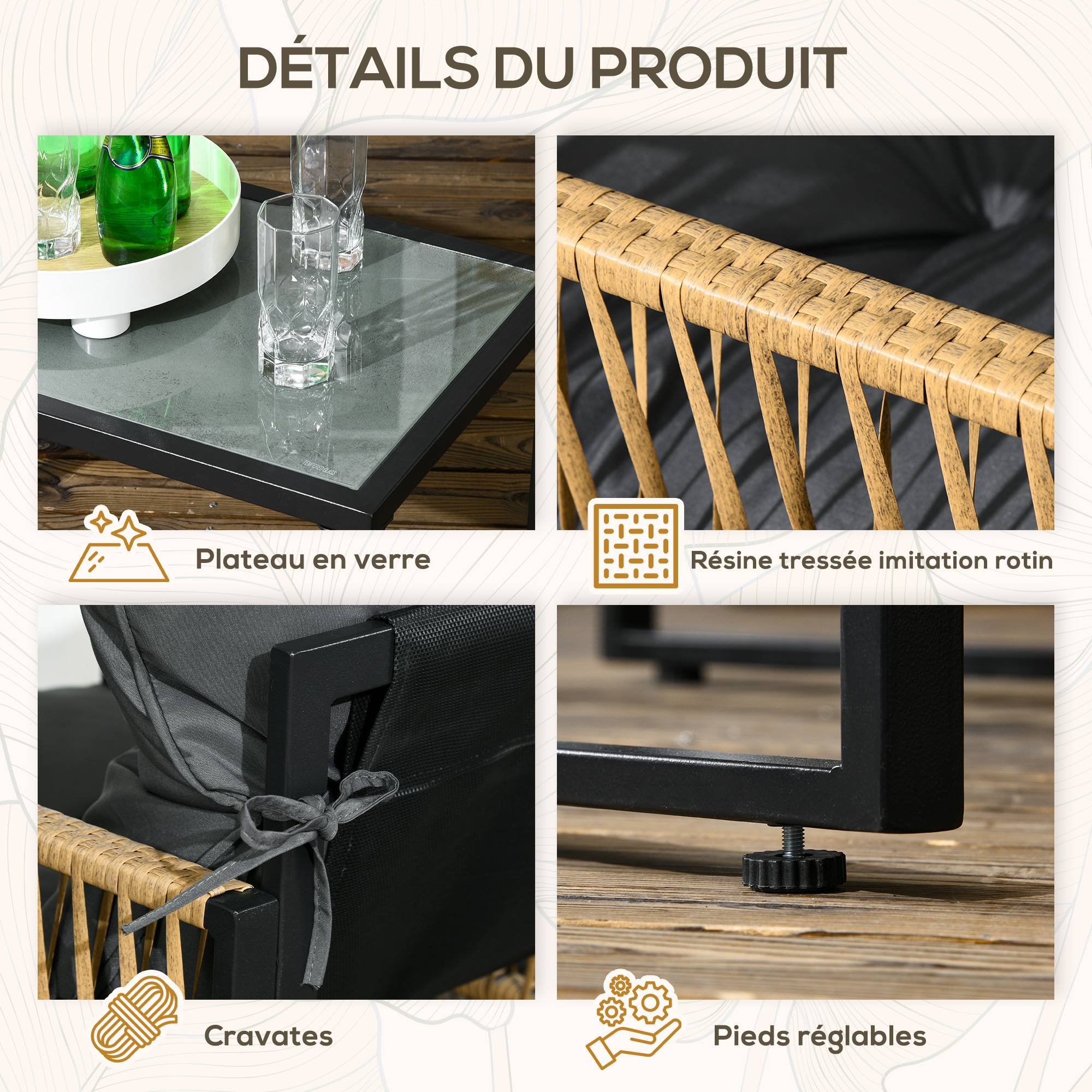 Sans Marque - Ensemble salon de jardin 4 pièces canapé 2 places 2 fauteuils et 1 table basse plateau verre trempé 3 coussins - gris - Image 8