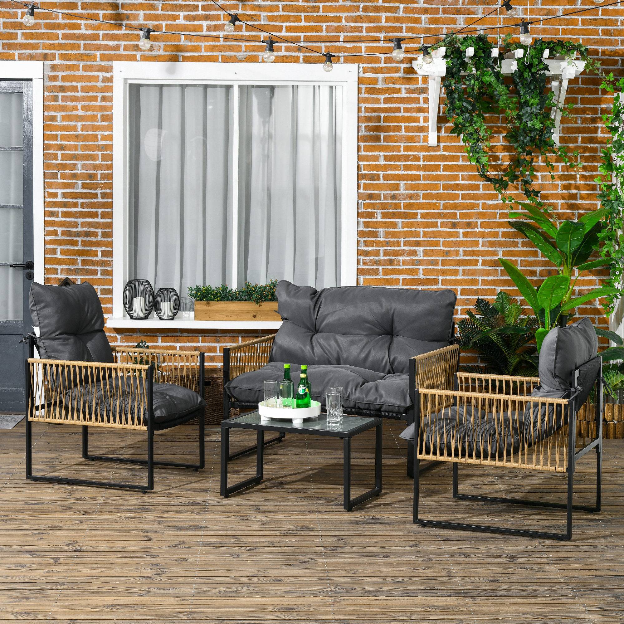 Sans Marque - Ensemble salon de jardin 4 pièces canapé 2 places 2 fauteuils et 1 table basse plateau verre trempé 3 coussins - gris - Image 4