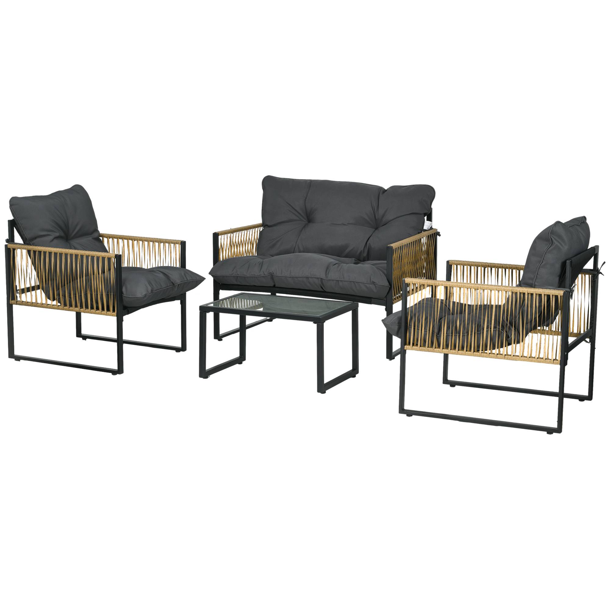 Sans Marque - Ensemble salon de jardin 4 pièces canapé 2 places 2 fauteuils et 1 table basse plateau verre trempé 3 coussins - gris - Image 2