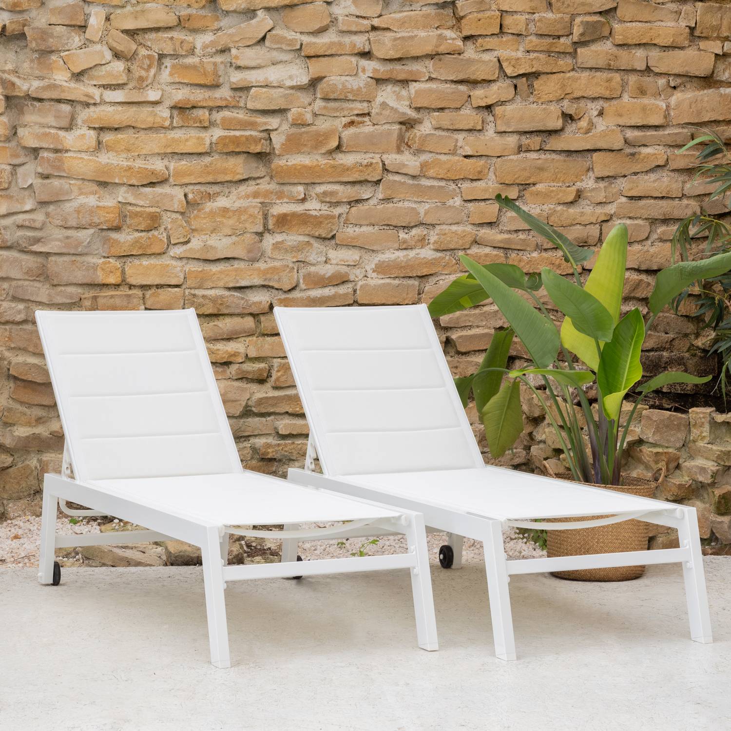 Lot de 2 bains de soleil BARBADOS en textilène blanc - aluminium blanc - HAPPY GARDEN - Image 2