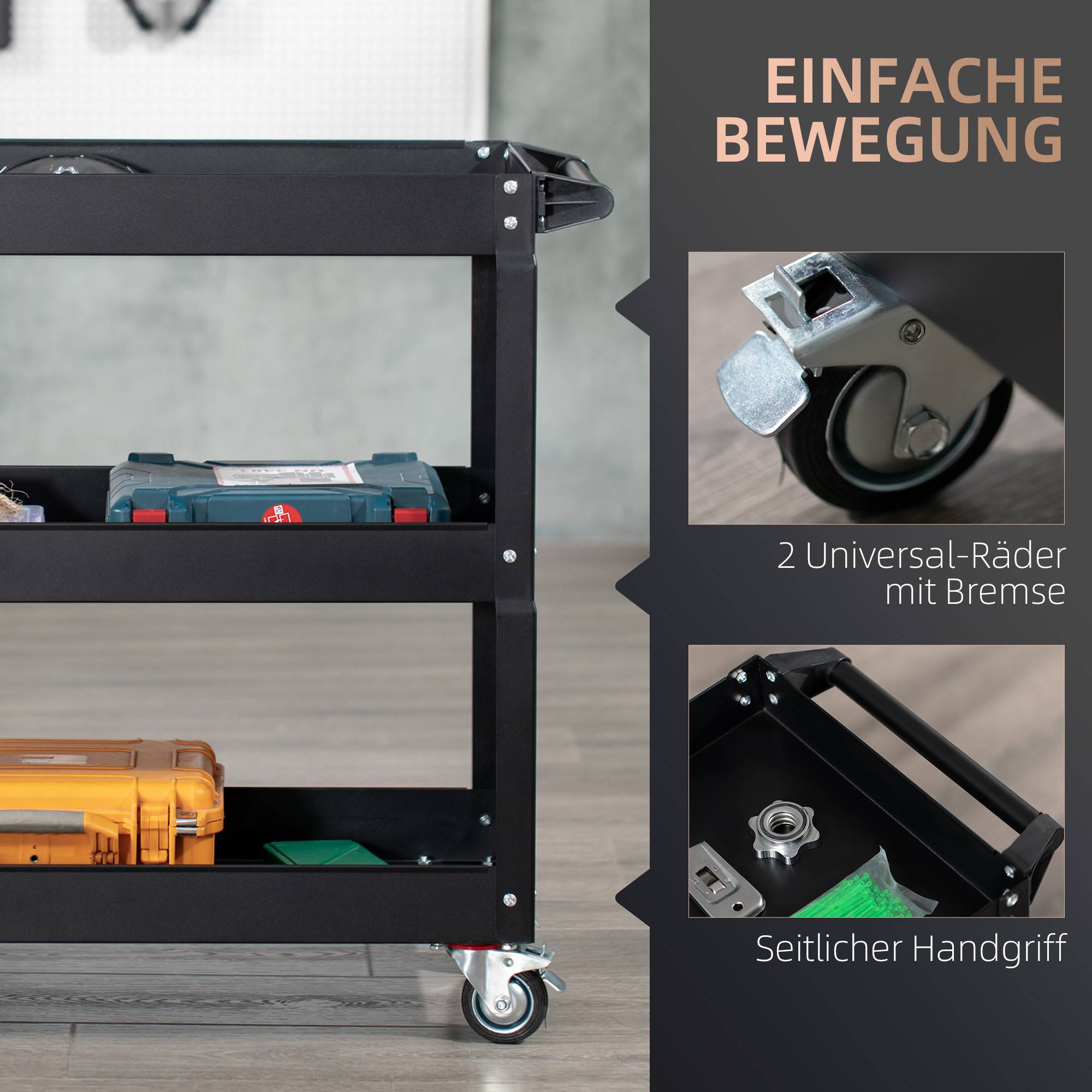 Sans Marque - Chariot à outils à 3 niveaux, 4 roues, Acier, 83 L x 35,3 P x 76 H cm, Noir - Image 7