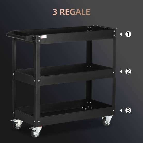 Sans Marque - Chariot à outils à 3 niveaux, 4 roues, Acier, 83 L x 35,3 P x 76 H cm, Noir - Image 6