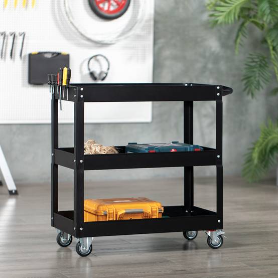 Sans Marque - Chariot à outils à 3 niveaux, 4 roues, Acier, 83 L x 35,3 P x 76 H cm, Noir - Image 3