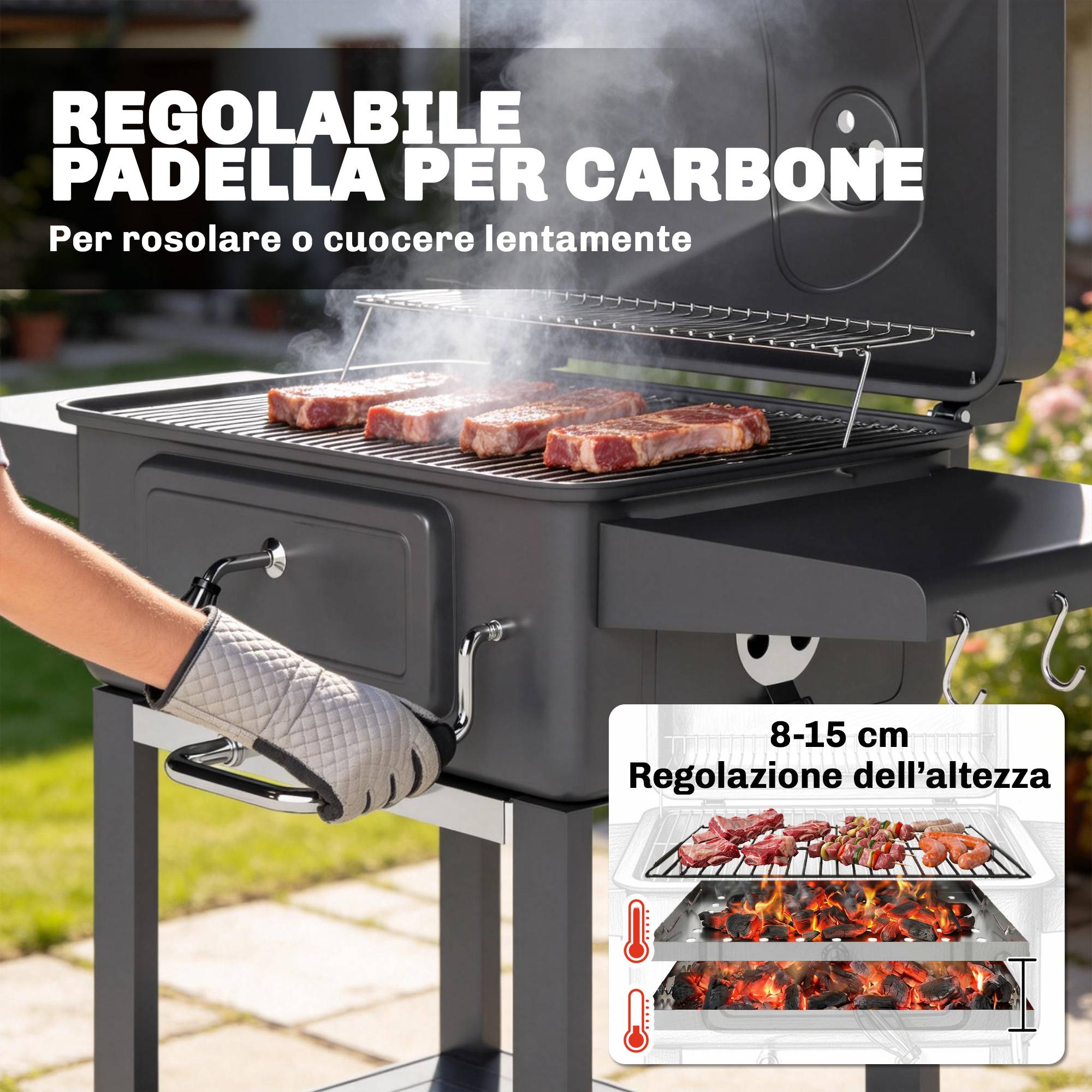 Barbecue à charbon, fumoir portable avec ventilation, thermomètre et étagères latérales, noir - Image 7