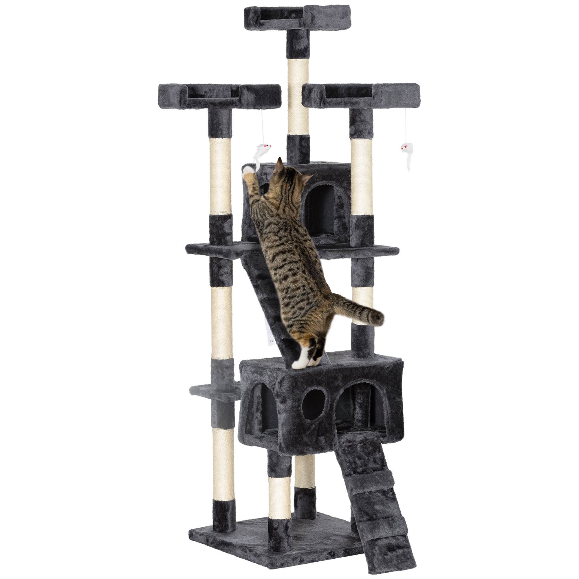 Grand arbre à chat sisal peluche multi activités avec abris 49x49x173 cm gris - ComfortXL Outdoor Living - Image 1